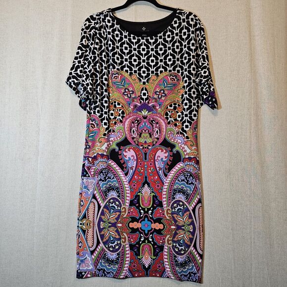 Ronni Nicole Dresses & Skirts - Ronni Nicole Shift Dress Black White Geometric Colorful Paisley Knee Length 8